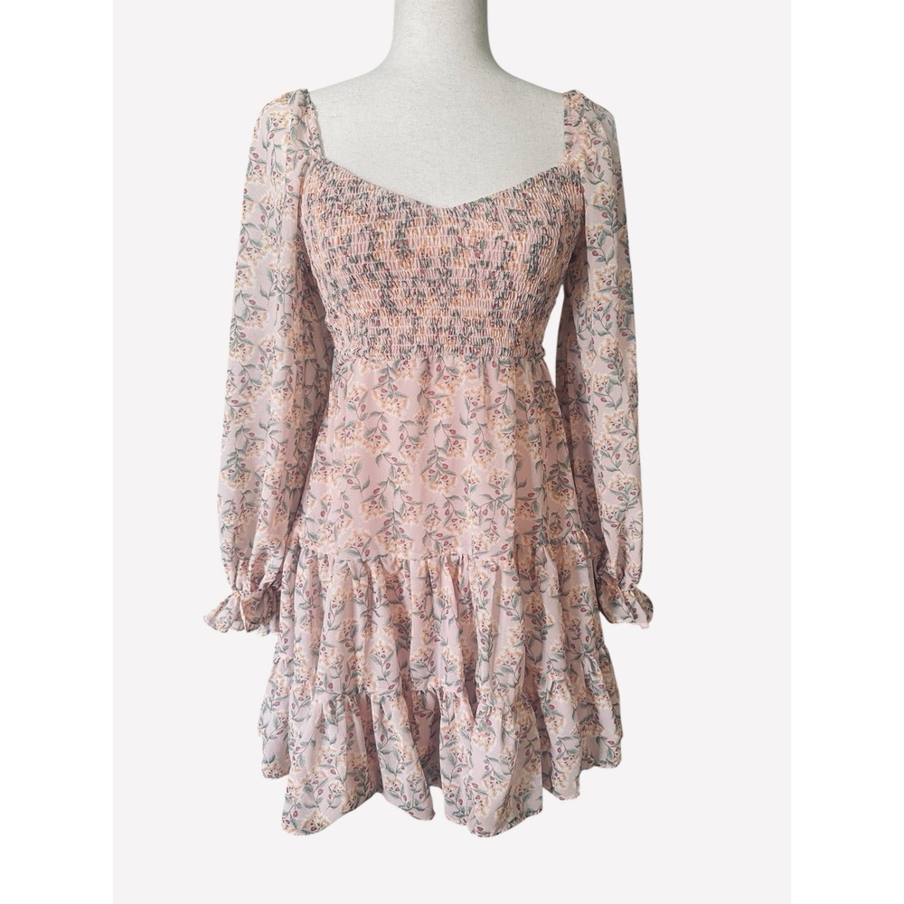 Lena Floral Ruffle Smocked Long Sleeve Dress Size Small Prairie Cottagecore Pink